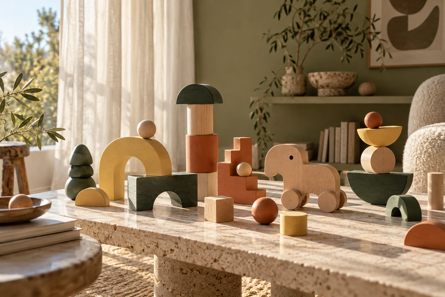 Wooden play objects in a softly lit creative interior